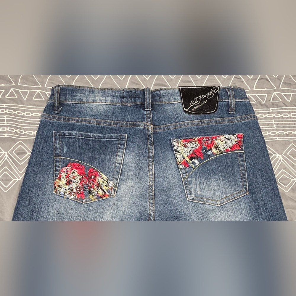 Vintage Ed Hardy Christian Audigier Flare Bedazzled Pocket Jeans Size 32 - Picture 4 of 9
